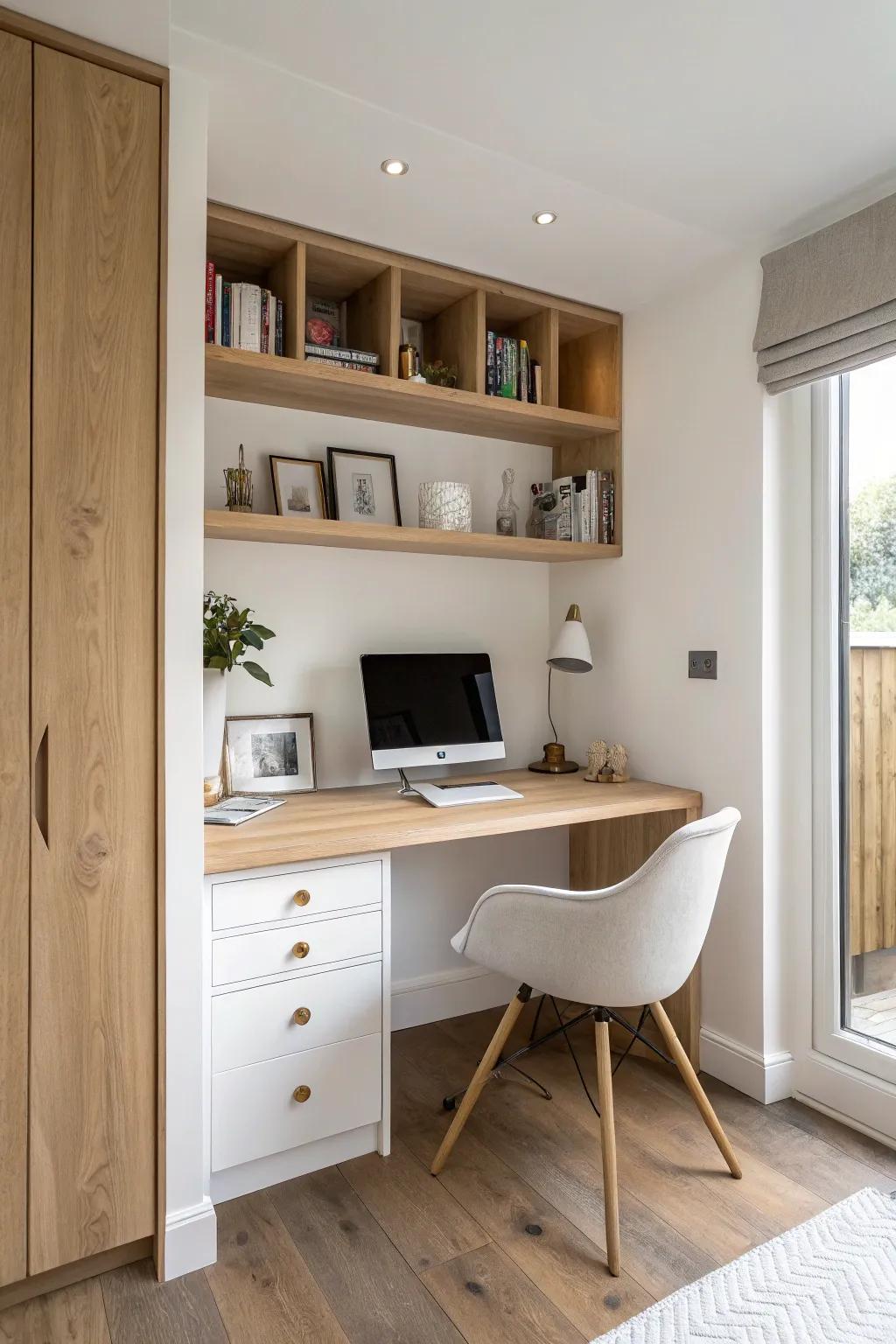 Turn a forgotten nook into a chic alcove built-in desk—custom fit, warm wood, and serene.