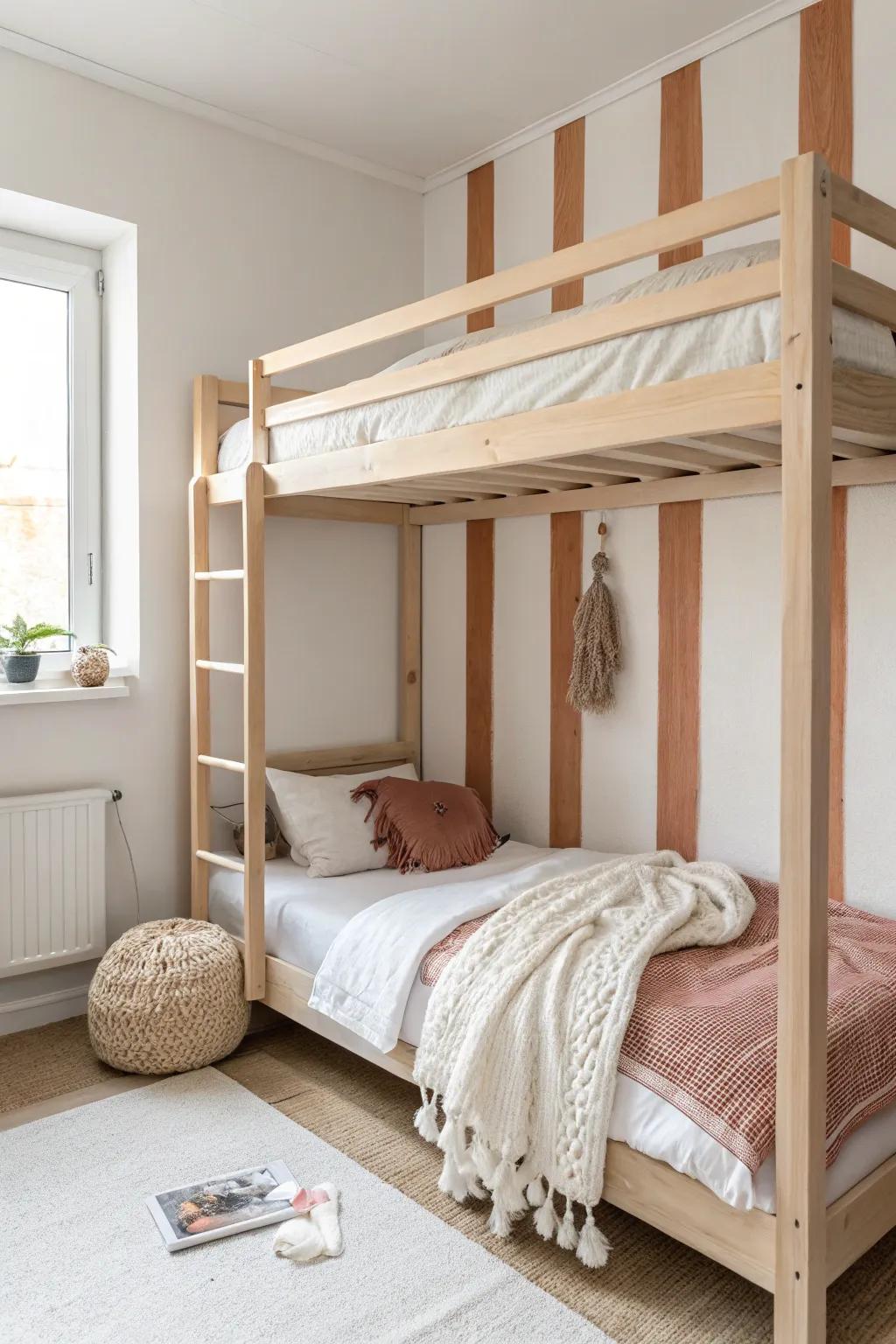 A single painted stripe turns the bunk bed wall into a chic, clutter-free statement.