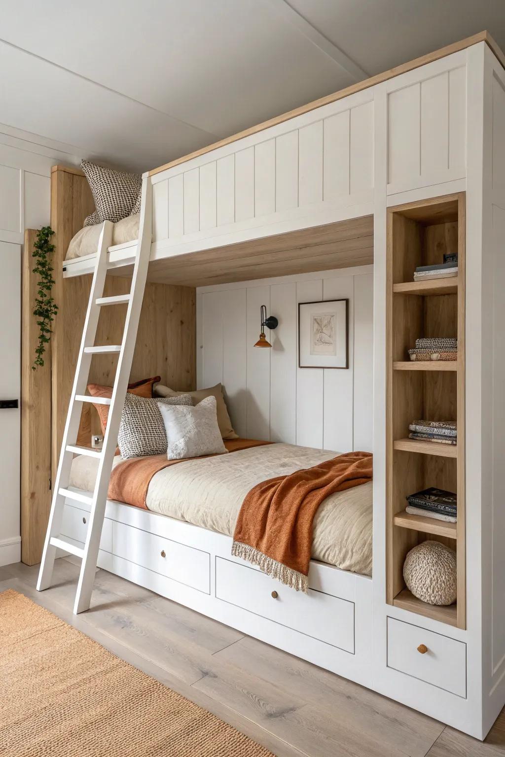 Wall-to-wall built-in bunks that read like architecture—clean, cozy, and beautifully crafted.