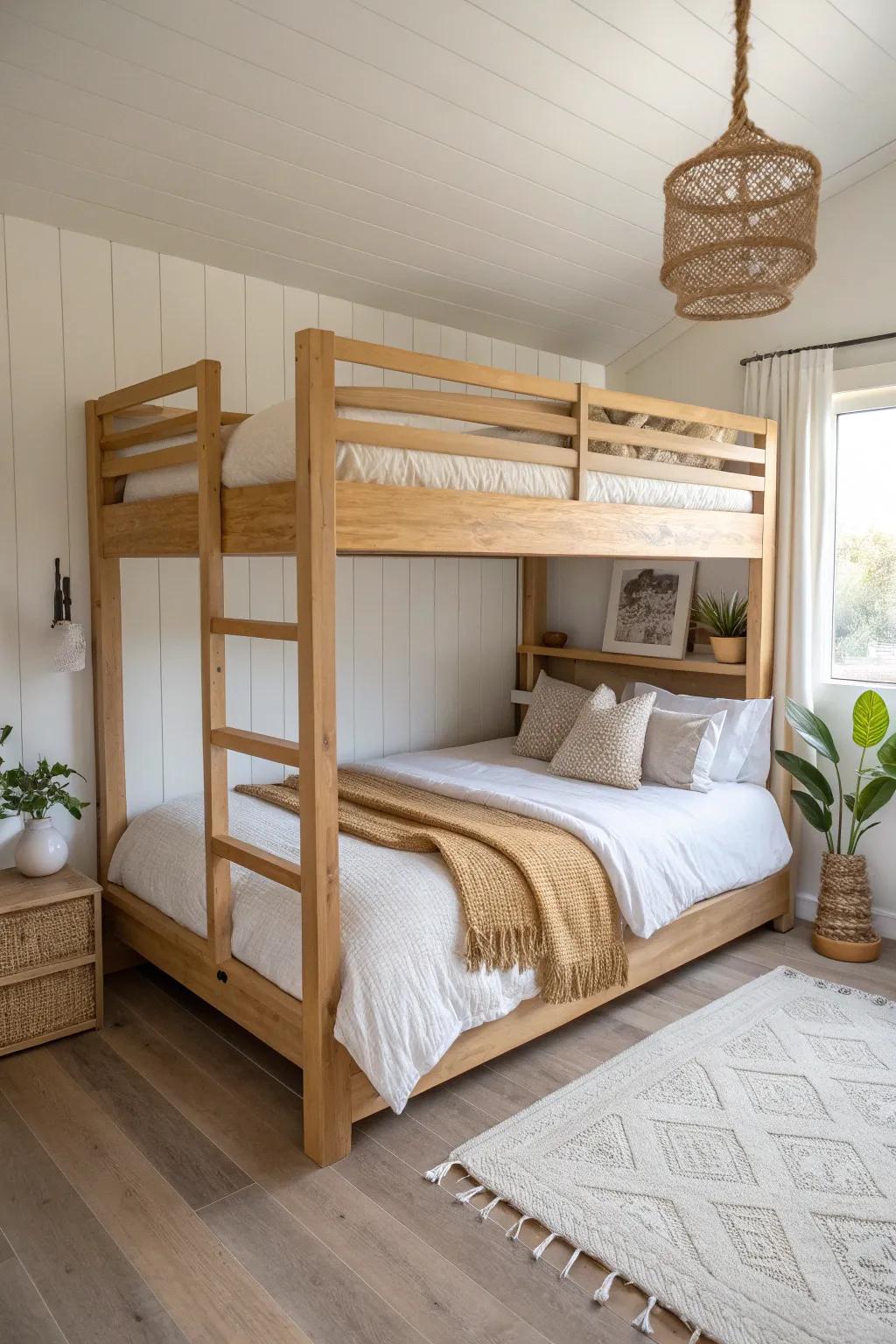 Queen-over-queen bunks: a grown-up, space-saving setup that keeps couples equally comfy.
