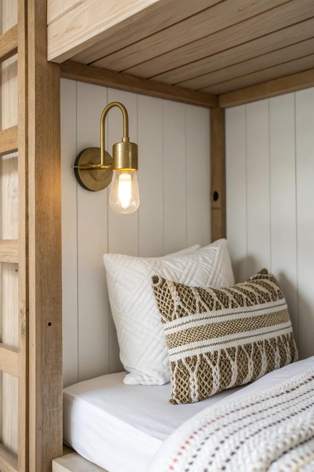 A warm wall sconce turns each bunk nook into a calming, hotel-style sleep pod.