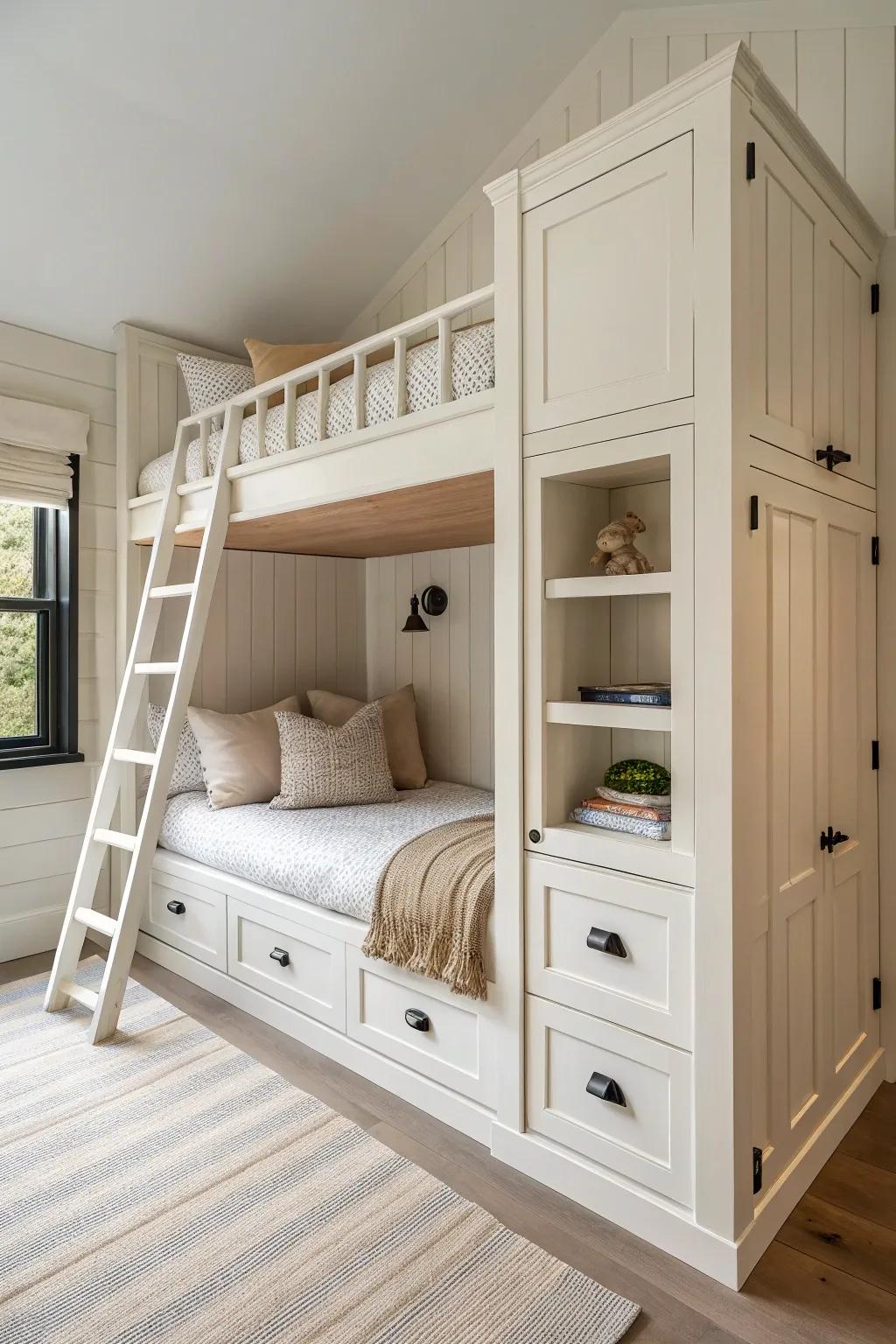 Wall-to-wall built-in bunks that feel like architecture—cozy, custom, and perfect for small rooms.