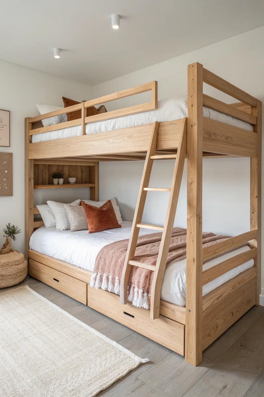 Full-over-full bunks for adults—sleep two, keep the floor open for a slim bench or dresser.
