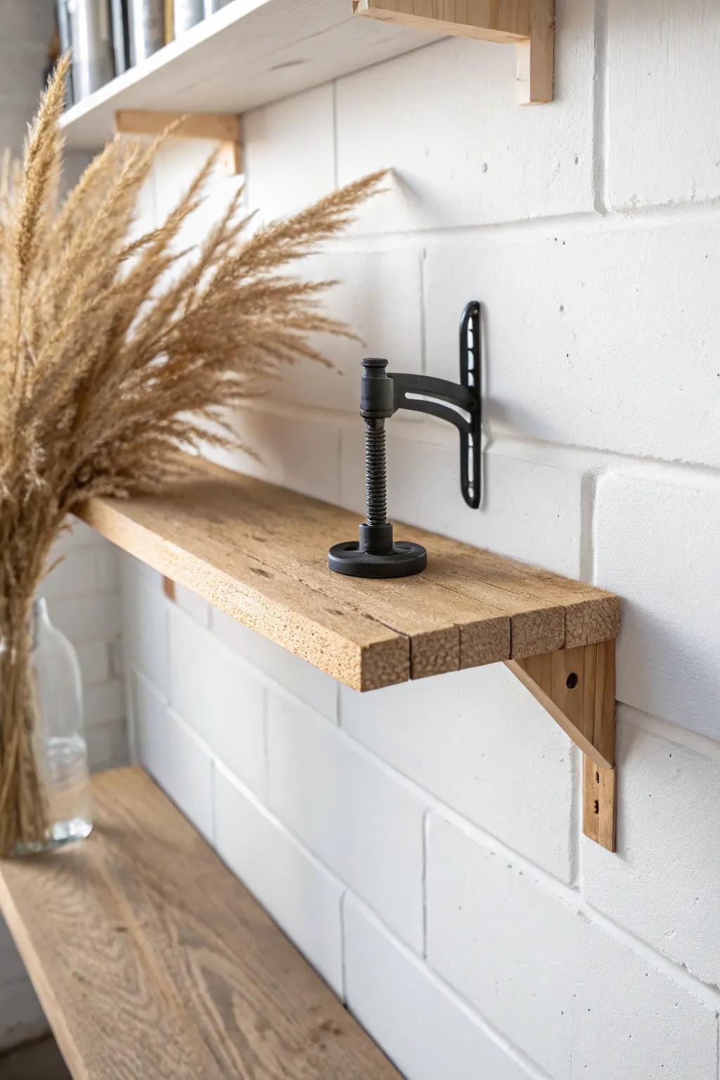 Slim notched shelf ledge: a beautiful small-space way to hang C-clamps without tightening.
