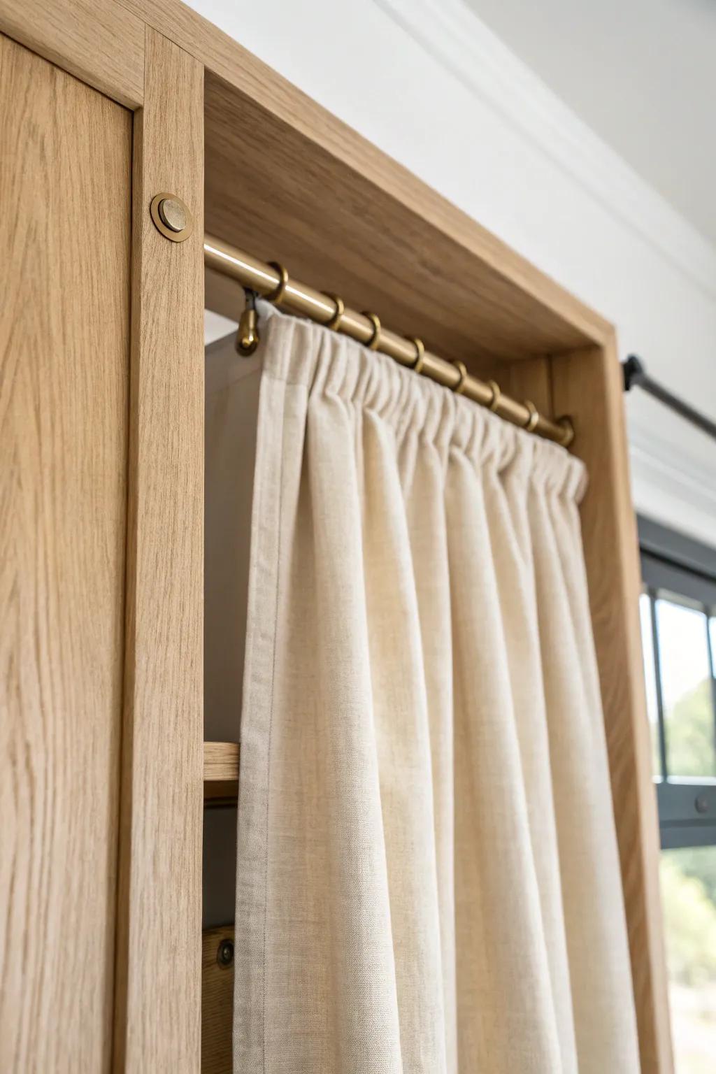No-drill cabinet curtain: a tension rod tucked inside the frame for rental-friendly style.