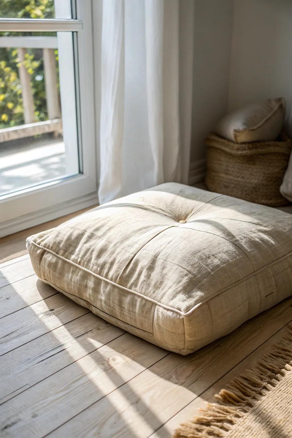 Low, cozy floor seating that makes a small calm corner feel tucked-in and effortlessly serene.