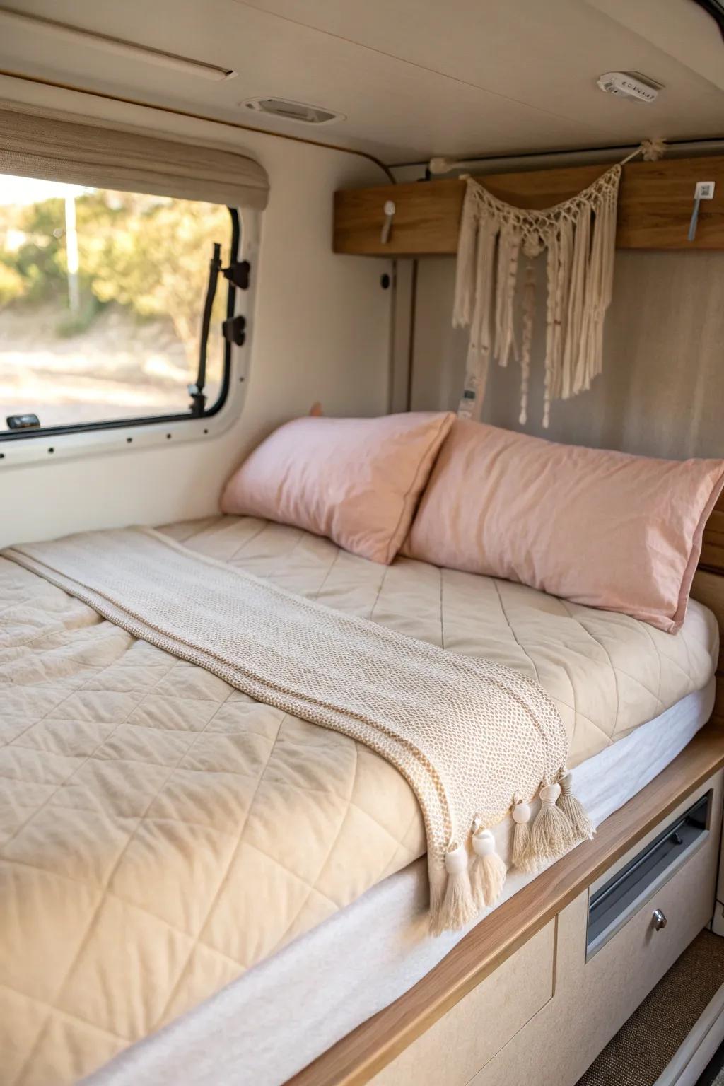 One-piece zip-up bedding: a made-bed look in seconds—perfect for snug camper corners.