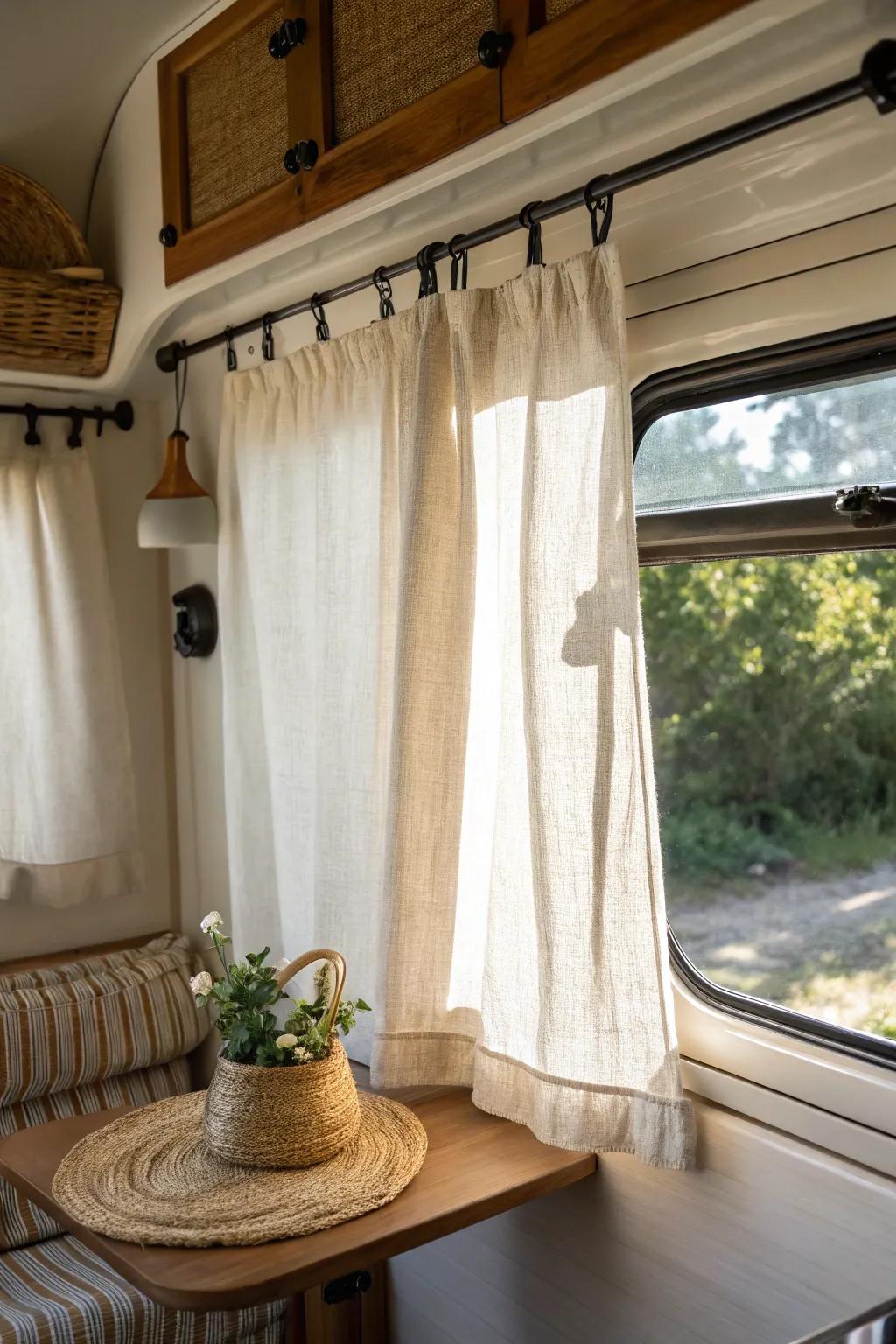 Café curtains: cozy camper privacy below, bright open light above—perfect for dinette windows.