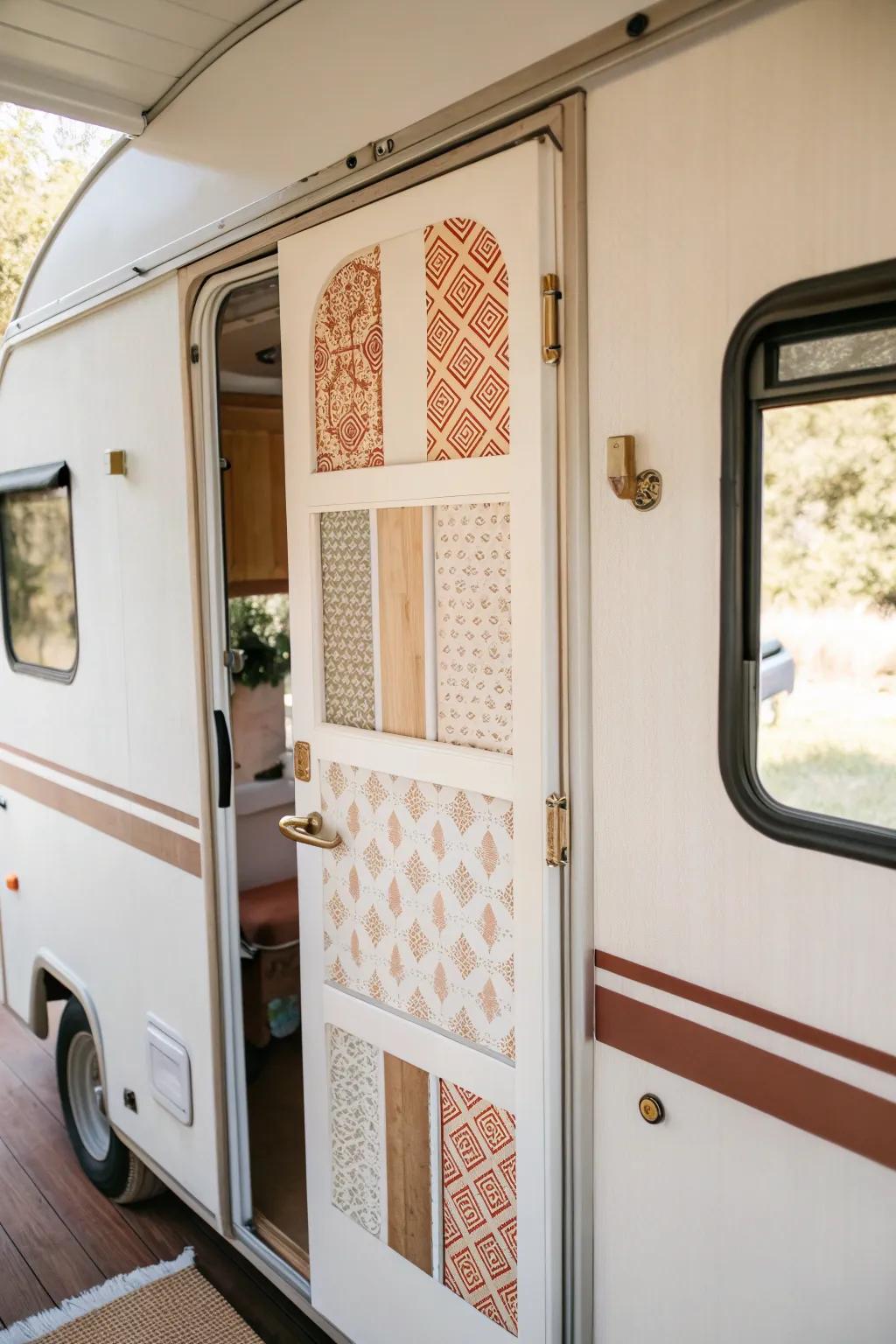 Peel-and-stick wallpaper panels give your camper door instant pattern—no bulky trim required.