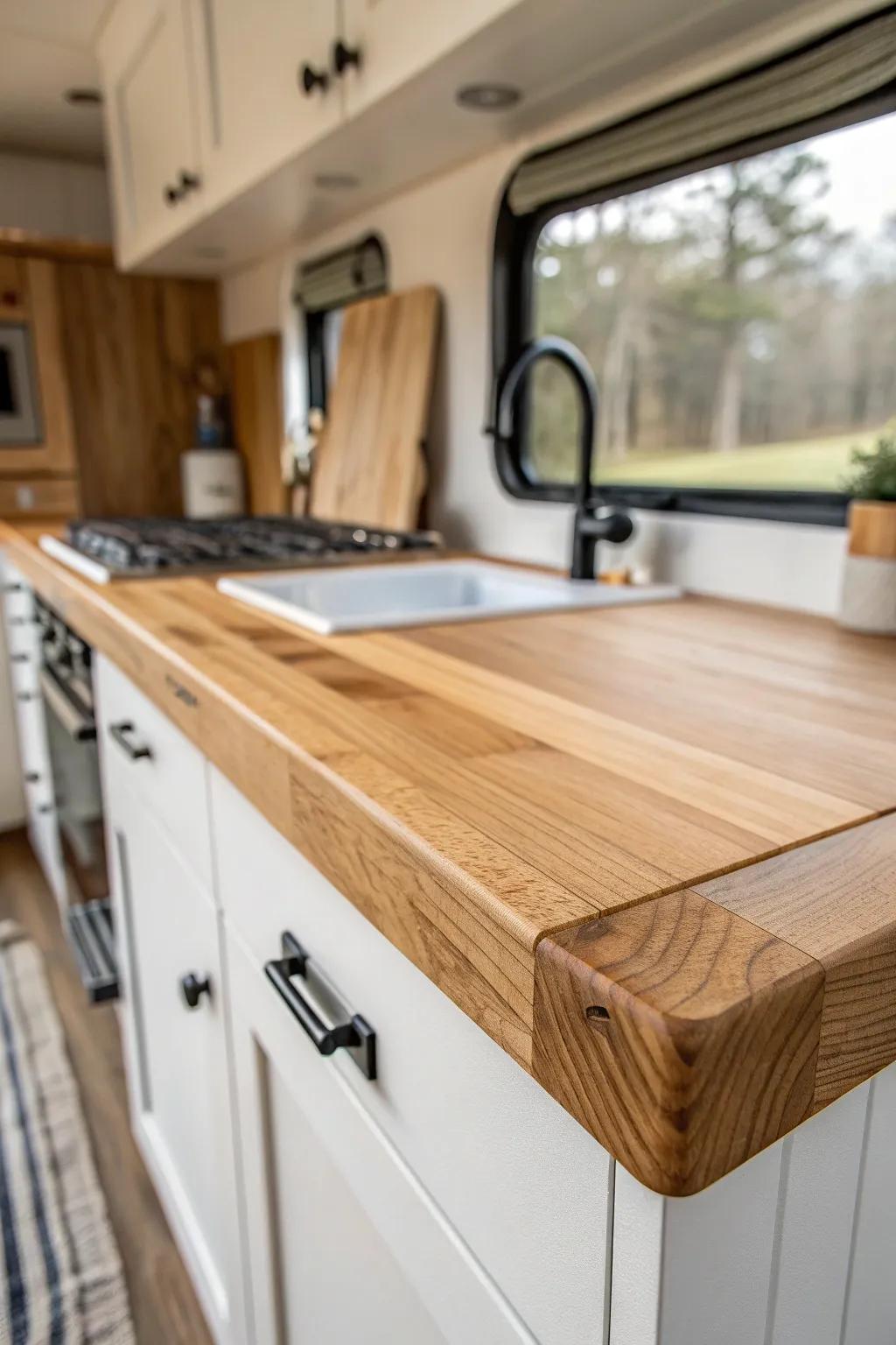 An L-shaped wood counter turns a tiny camper kitchen into a calm, workable prep zone.