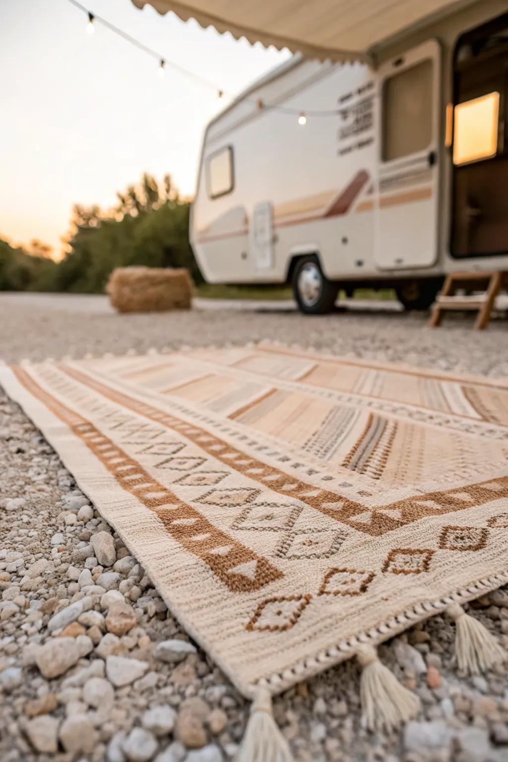 Roll out an outdoor rug to define a cozy camper “patio” and keep gravel out—instantly polished.