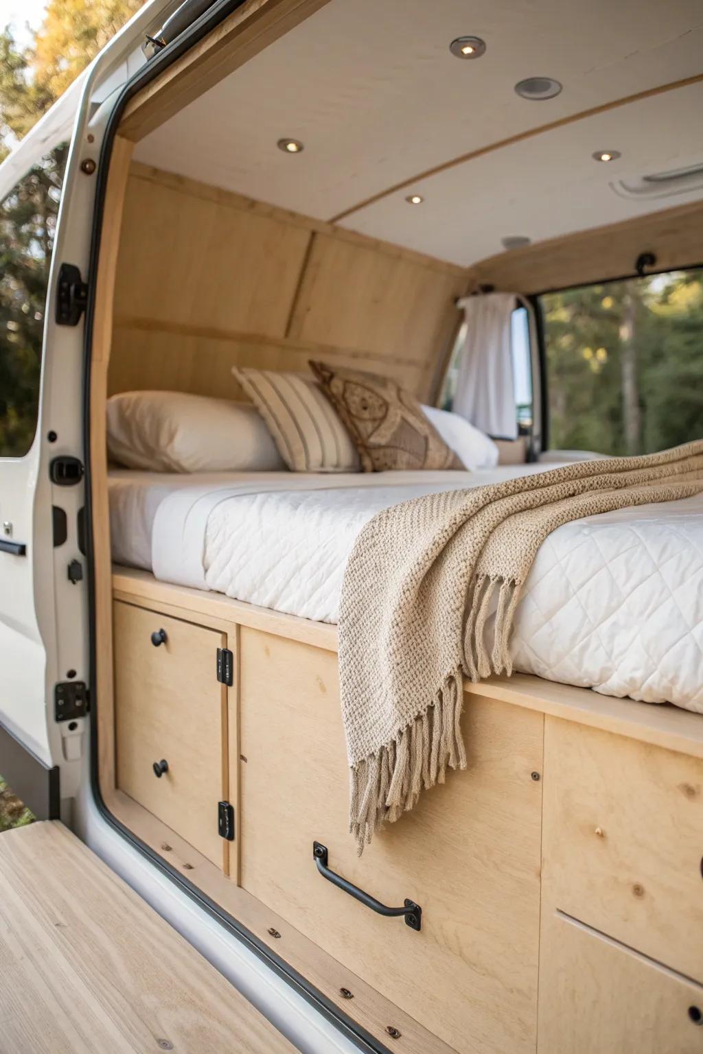 Low rear bed platform: airy headroom, cozy linens, and minimalist van living done right.