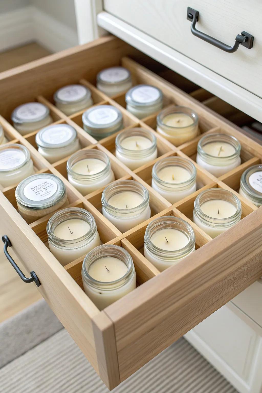 A quiet, scratch-free candle “library” made with drawer dividers—calm storage for small spaces.
