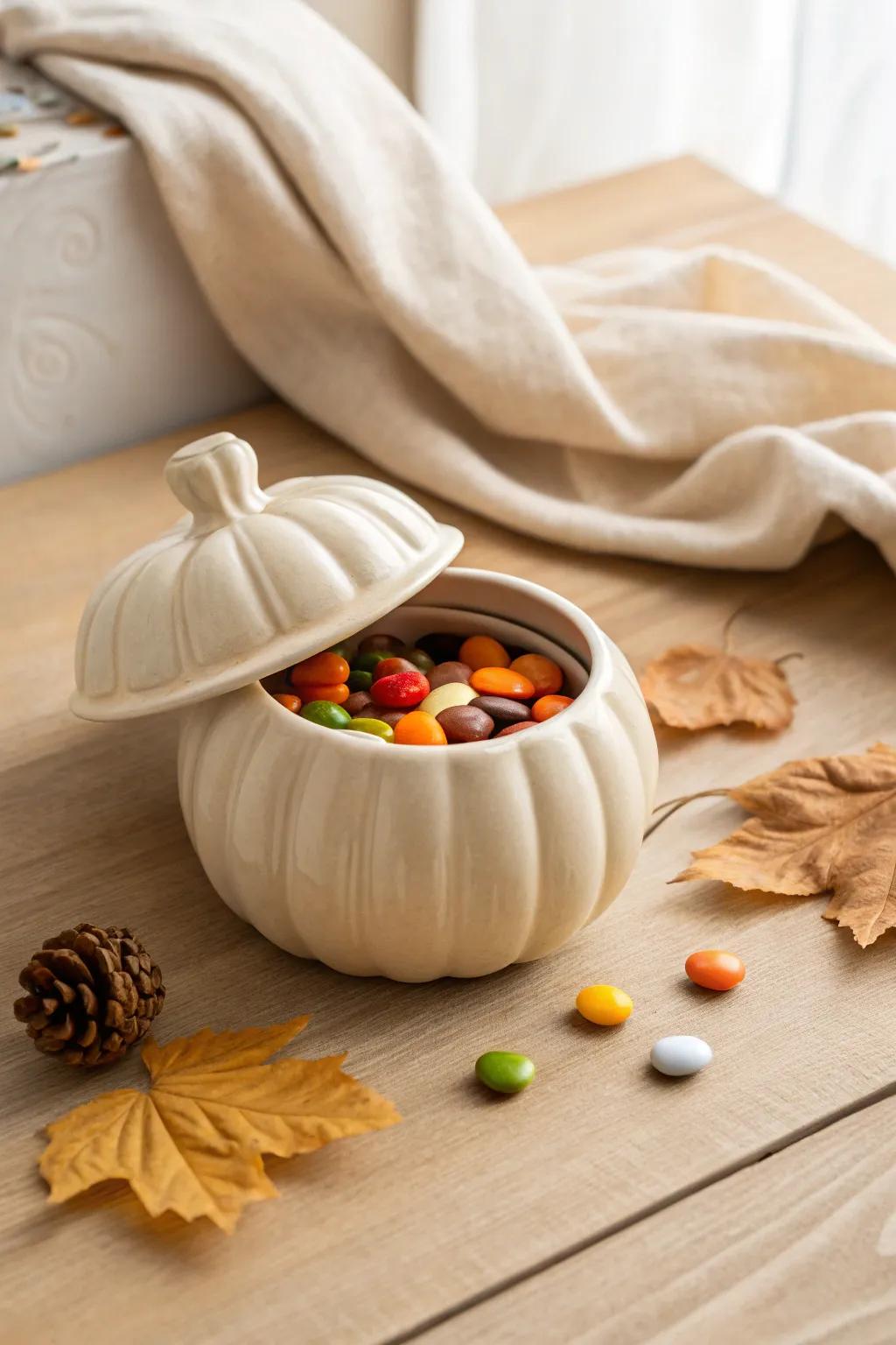 Add a whimsical touch to your holiday with this charming pumpkin candy jar. Perfect for a minimalist and cozy autumn vibe!