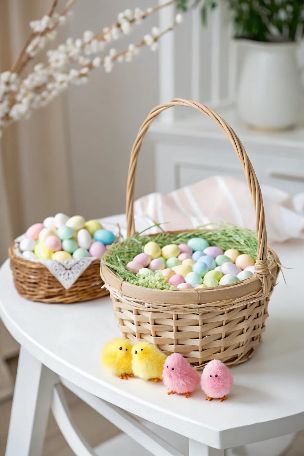 Dive into a pastel paradise with this elegant Easter candy basket, where simplicity meets sweetness.