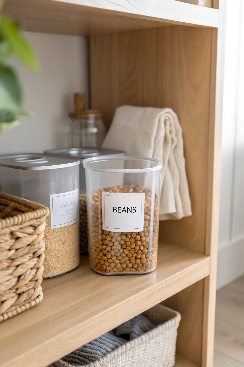 Clear stackable bin for canned beans—pull out one category like a drawer on deep shelves.