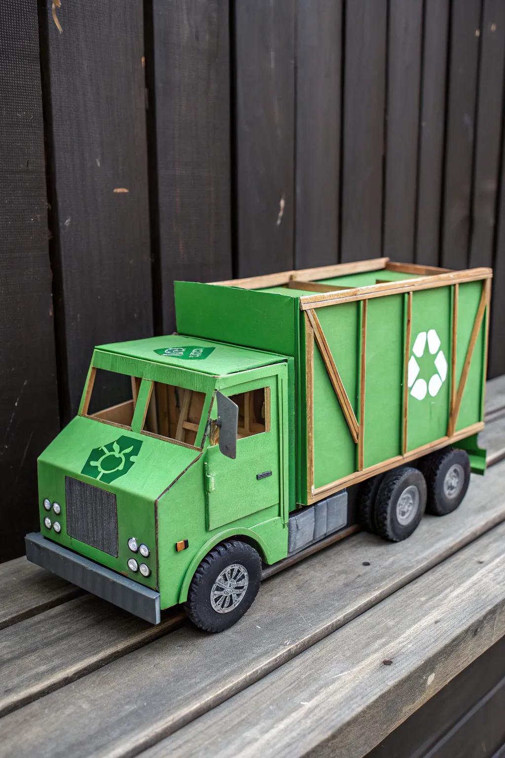 Craftsmanship meets sustainability: A handmade cardboard recycling truck that inspires eco-friendly creativity.