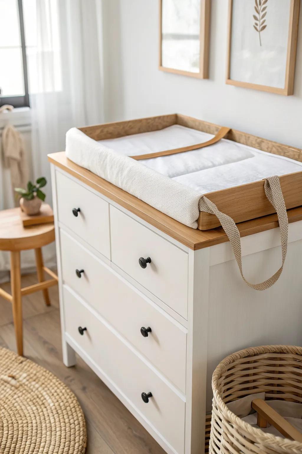 Space-saving changing topper secured to a dresser—safe, stylish, and easy to remove later.