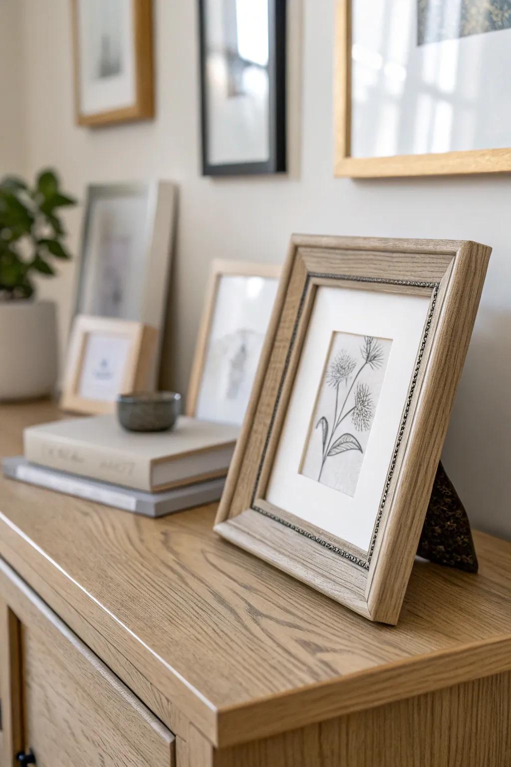 Thrifted frames, one matte neutral paint—instant gallery wall that looks curated and expensive.