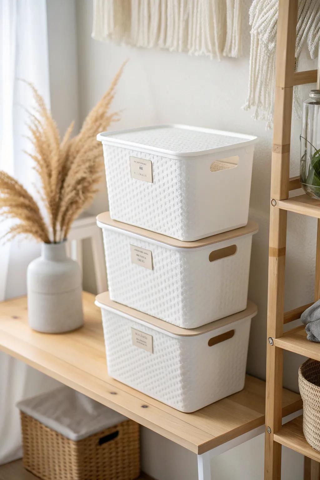 Matchy dollar-store bins make shelves look instantly calmer—organized style on a tiny budget.