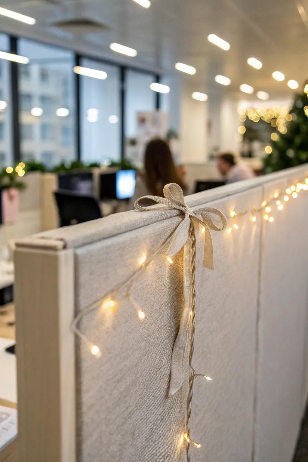 Warm white string lights outlining the cubicle edge for a cozy, calm holiday frame.