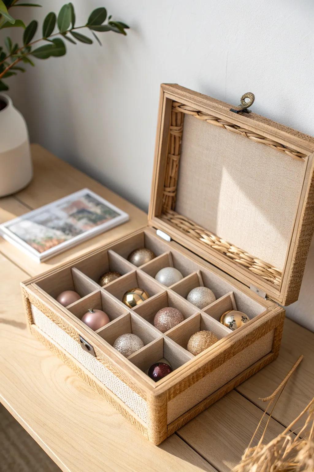 Divided ornament boxes keep every bauble in its own safe spot—no cracks, no chaos.