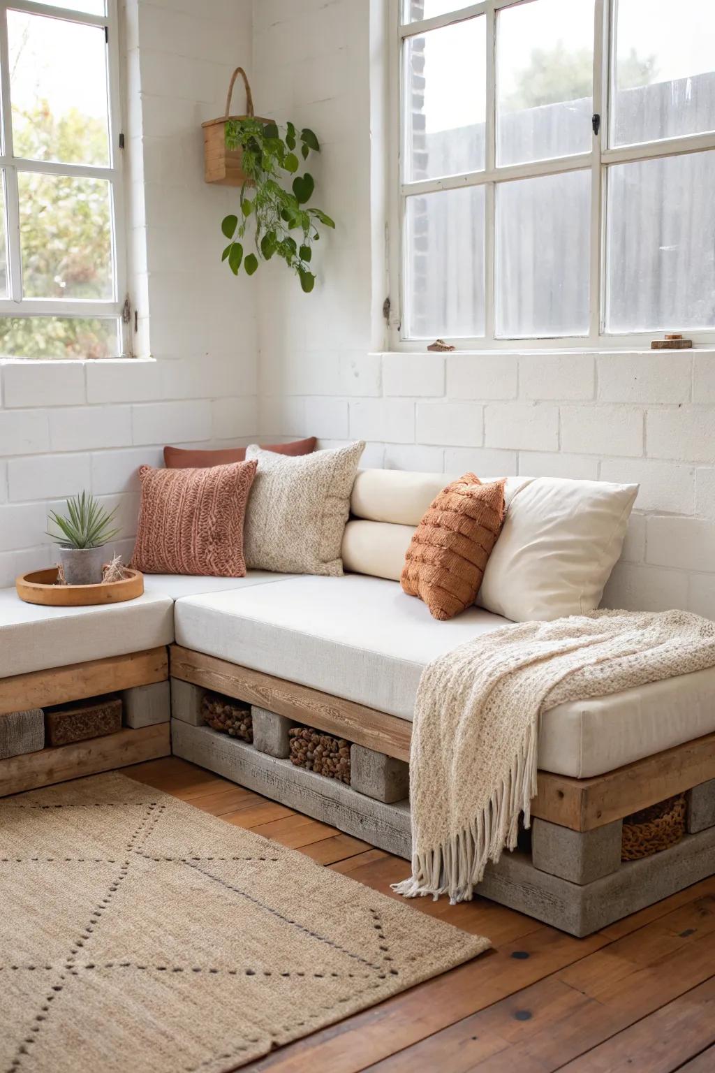 DIY L-shaped cinder block sectional—minimal, modular, and studio-perfect with cozy linen cushions.