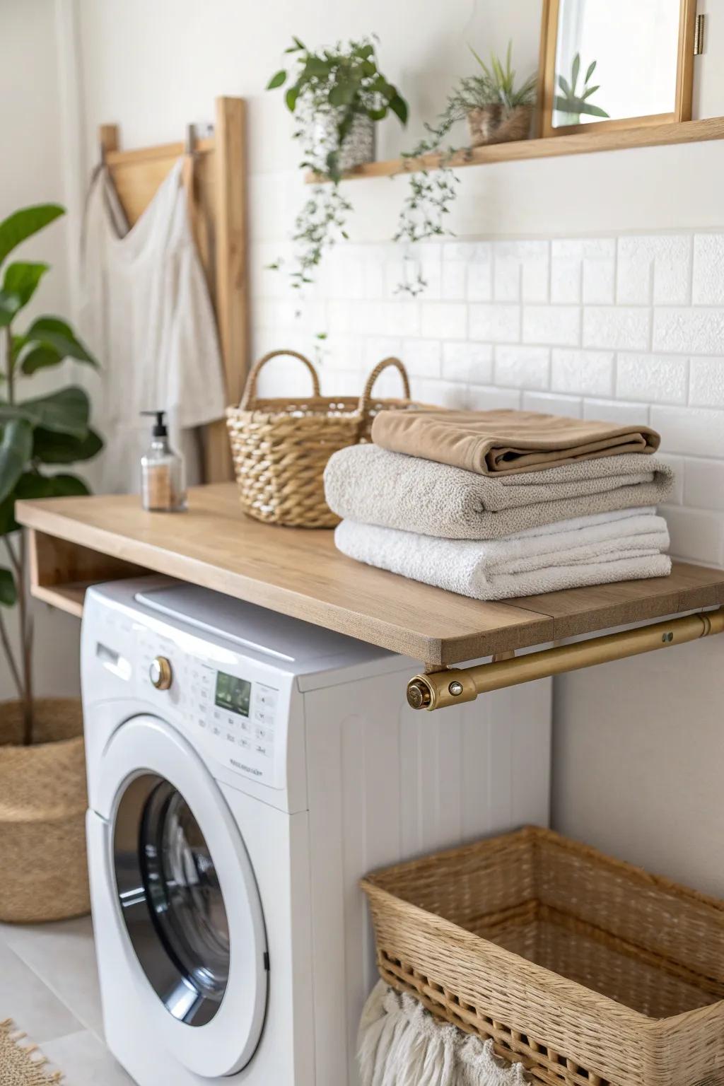A slim folding countertop turns the washer area into a calm, clutter-free folding station.