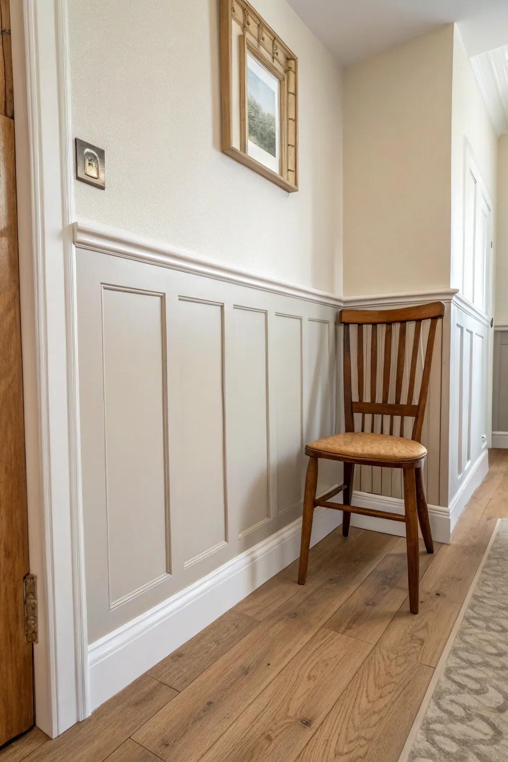 Two-tone half-wall wainscoting adds polish to a narrow cloakroom and hides everyday scuffs.
