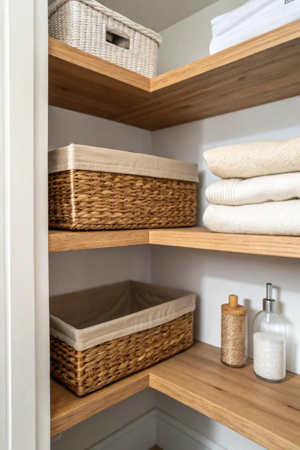 Make the corner flow: L-shaped shelves turn awkward closet space into one calm, cohesive system.