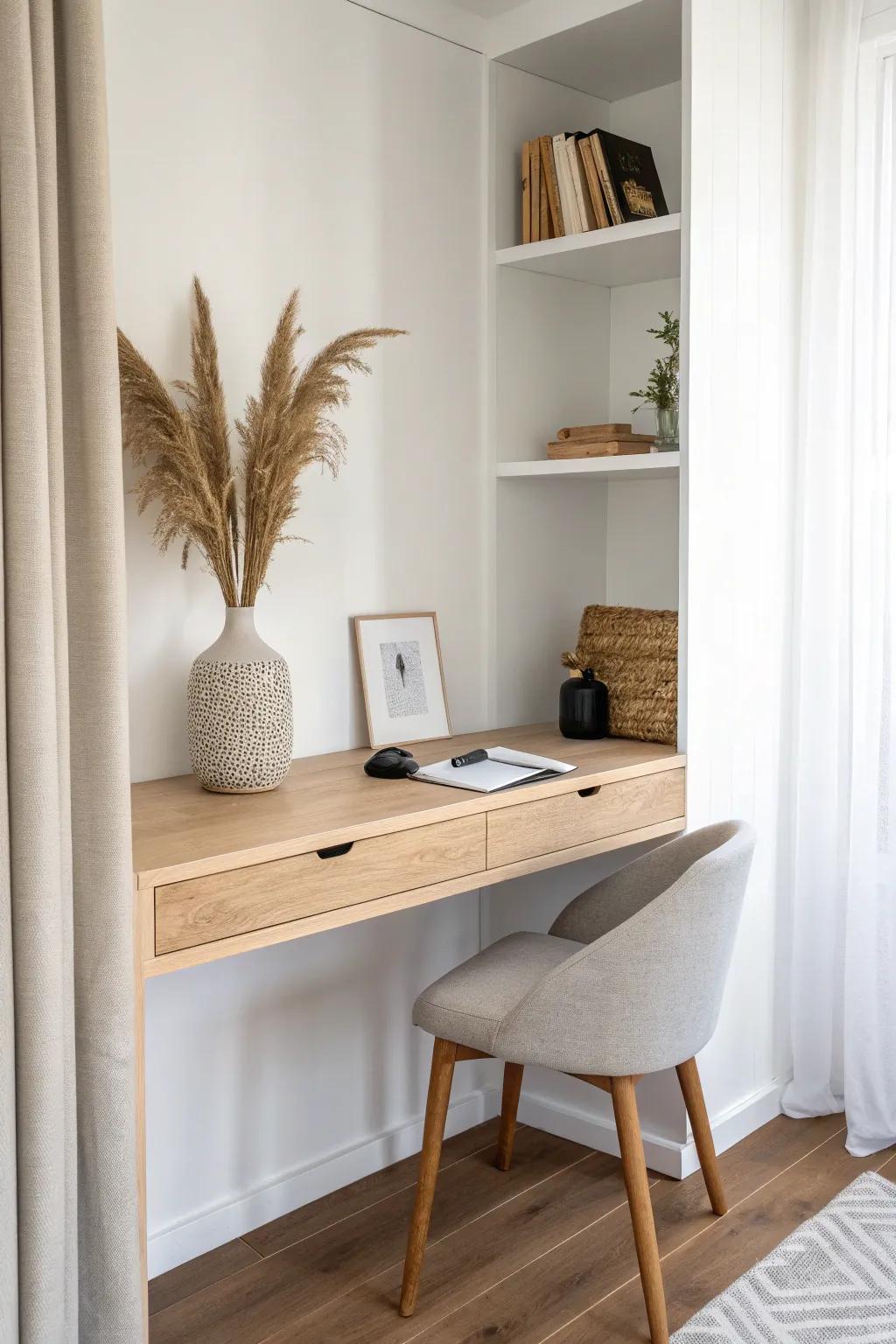 A floating closet desktop keeps floors clear, adds lightness, and makes small spaces feel bigger.