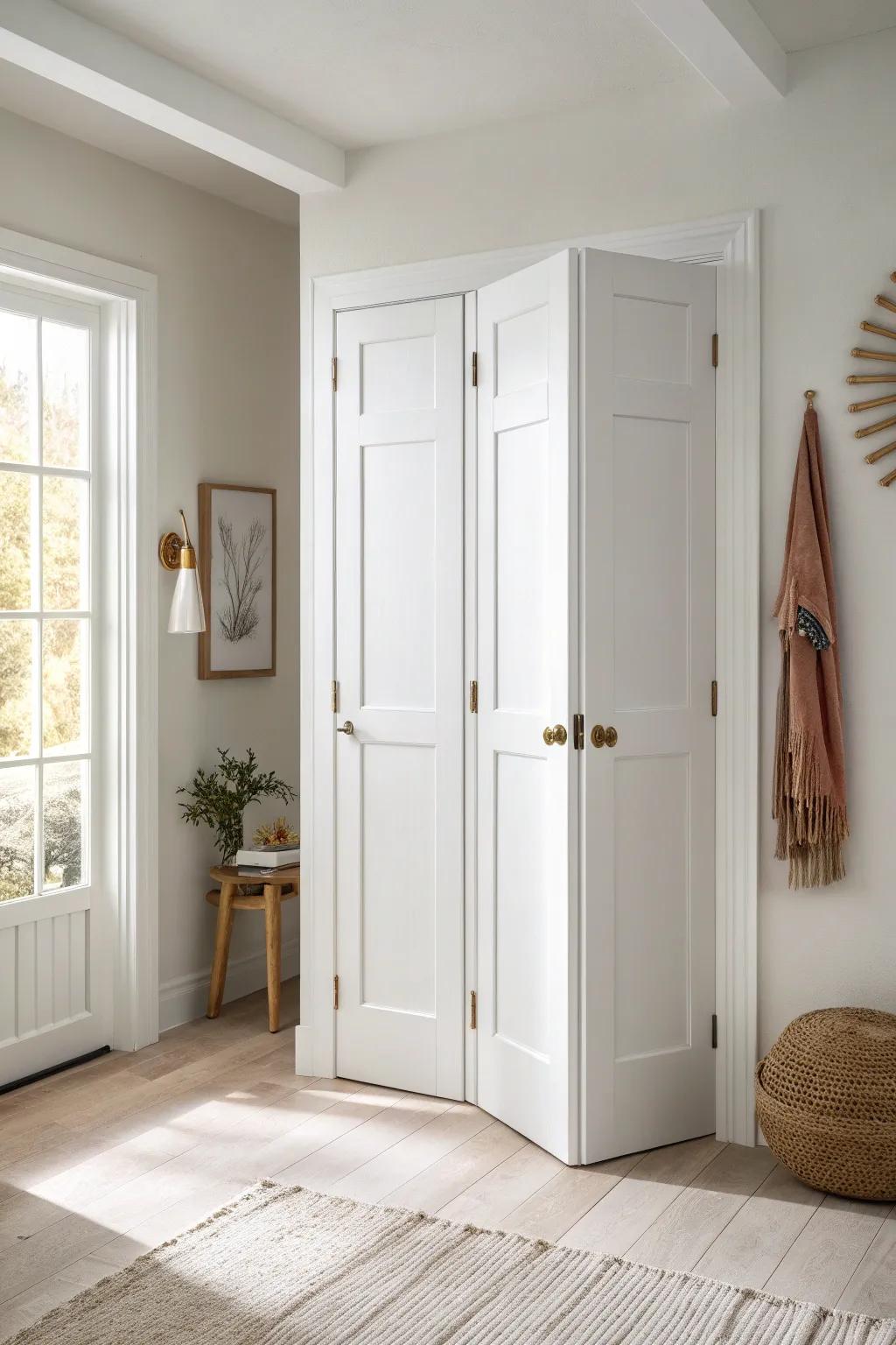 Matte-white bifold doors open wide in tight hallways—full closet access with minimal clearance.