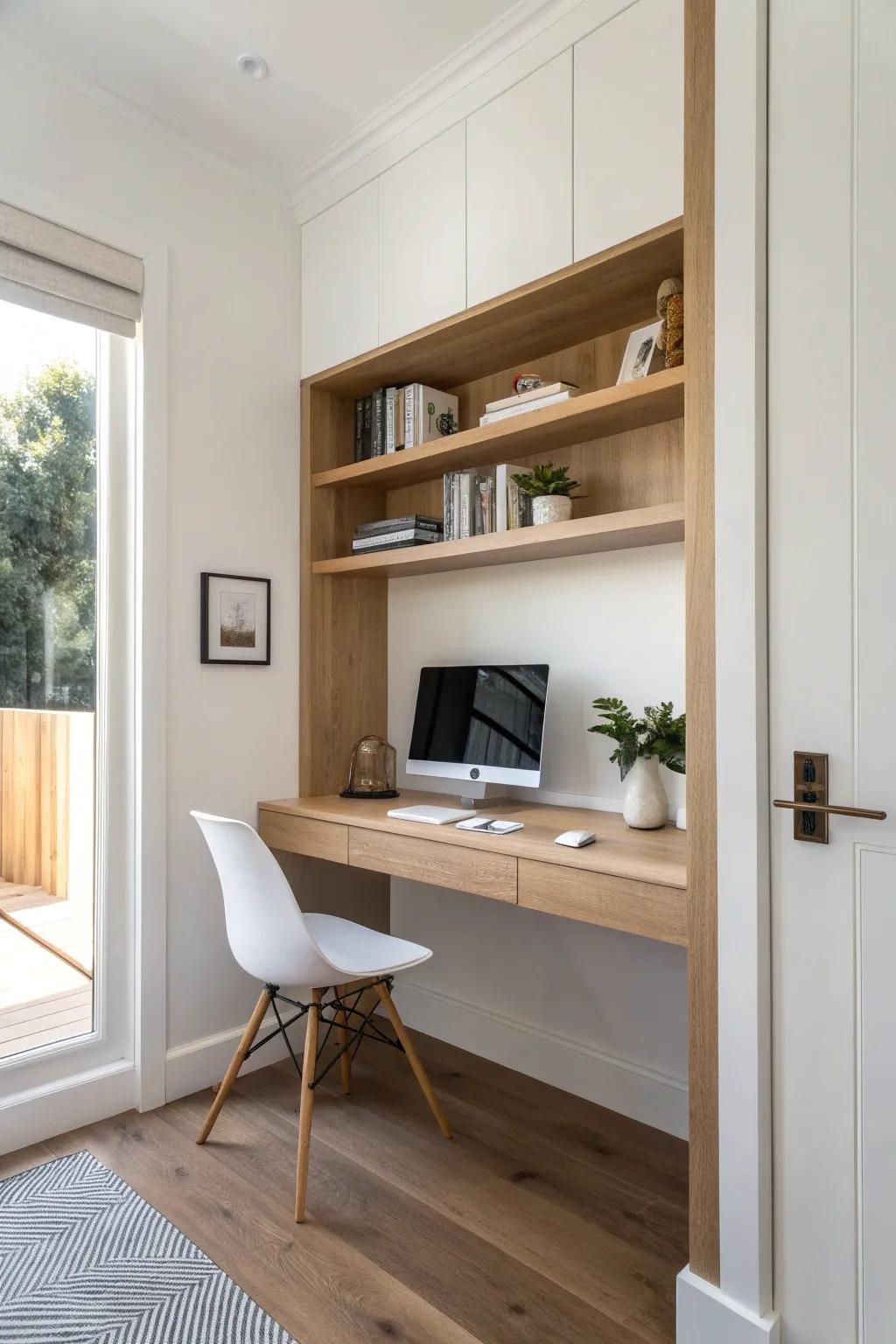 A wall-to-wall floating desk makes a closet office feel custom, airy, and surprisingly spacious.