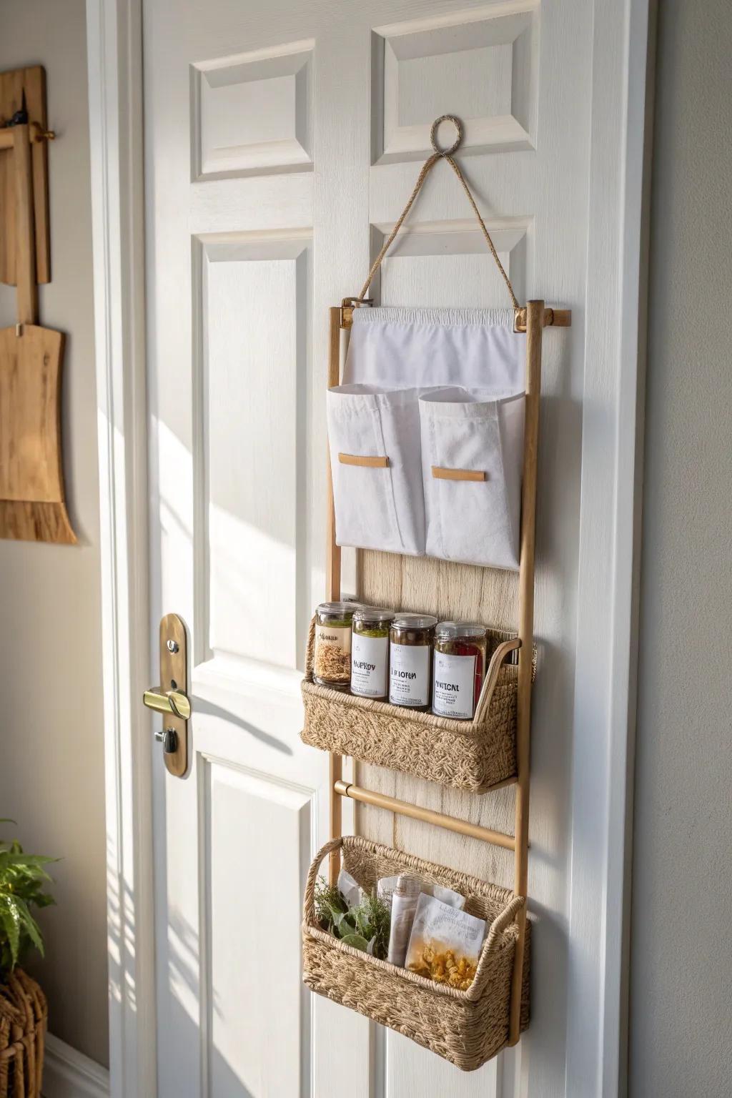 Maximize pantry space with a slim over-the-door organizer—perfect for spices in tiny homes.
