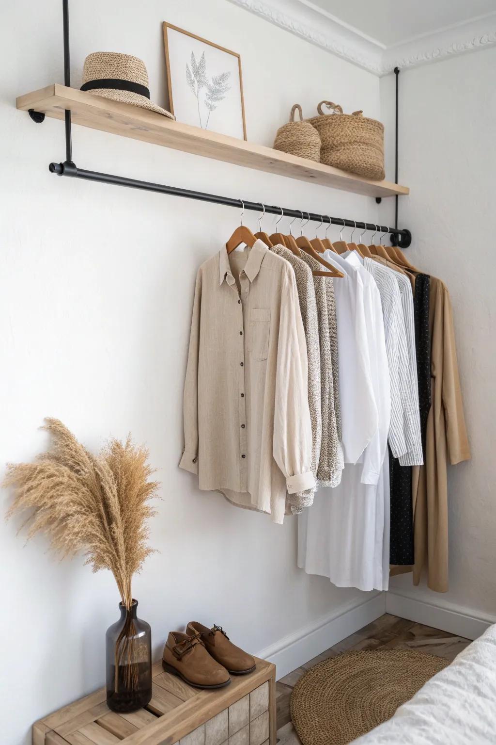 A wall-mounted rail turns dead wall space into a chic mini-closet with a clean, curated look.