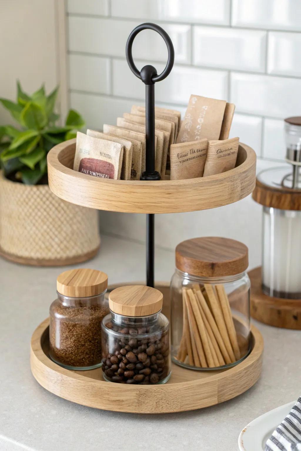 Save counter space with a chic tiered tray—vertical storage for coffee bar essentials.