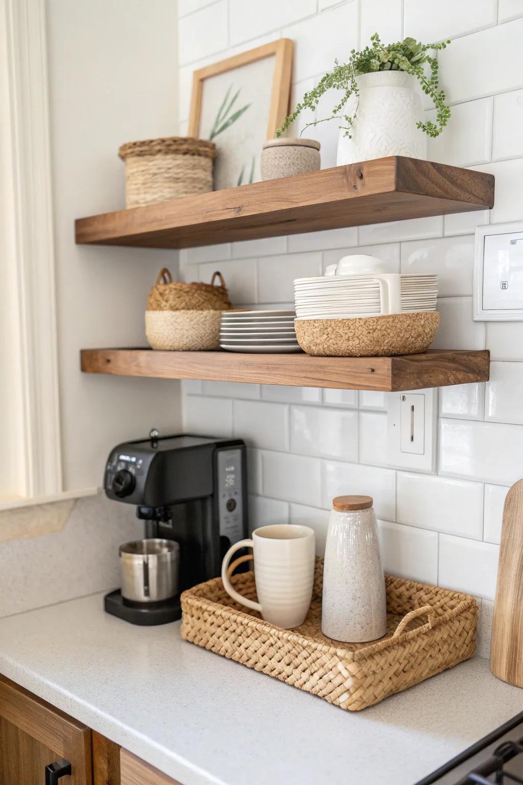 Two stacked shelves turn a tiny counter into an airy, intentional coffee bar setup.