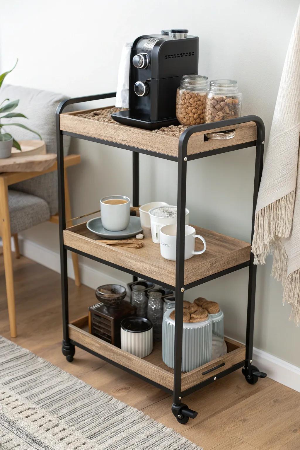 Slim rolling cart coffee corner: two tidy tiers, beautiful styling, and easy to roll away anytime.