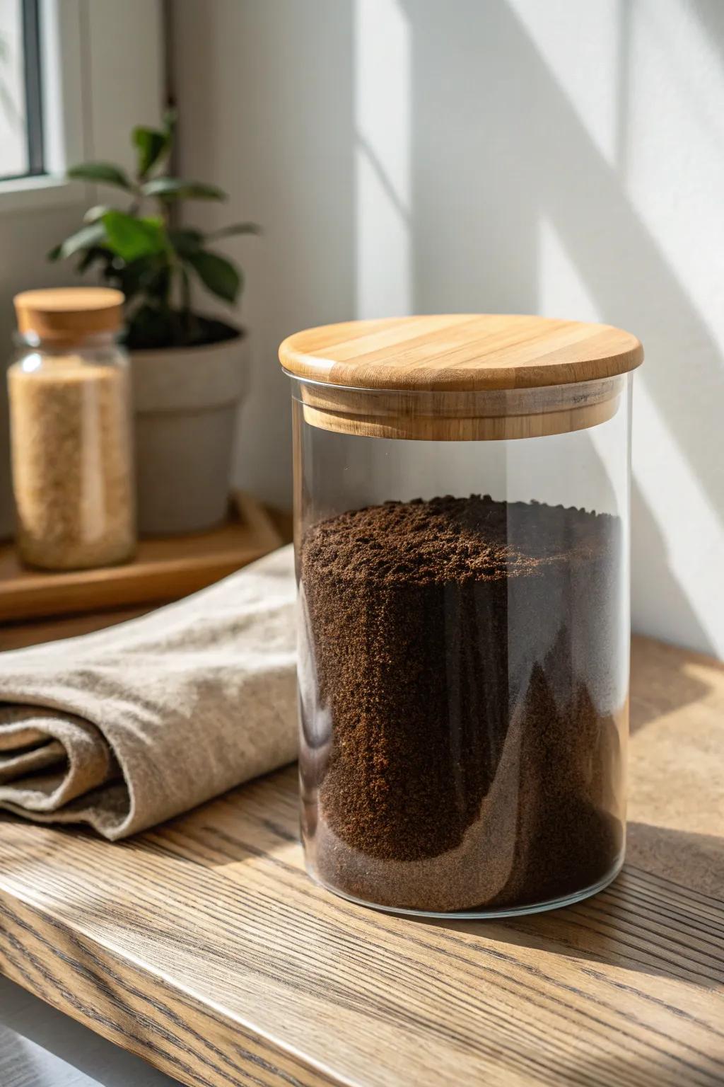 Decant coffee into a matching jar for an instant tidy look—small kitchen, big calm.
