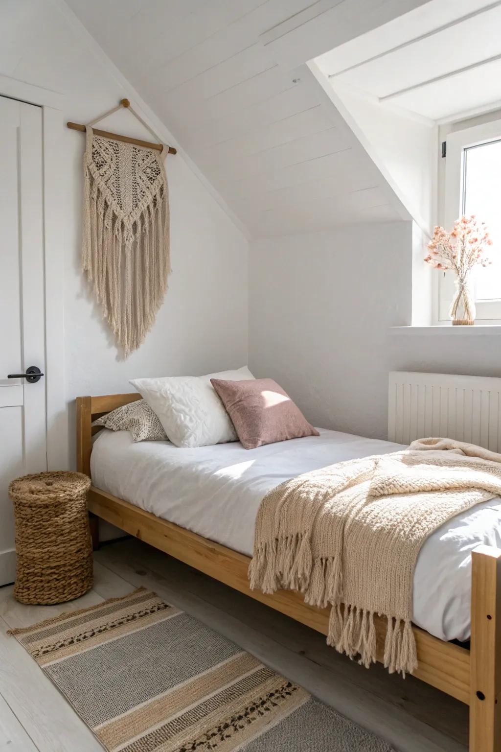 Push the bed into a corner to free up walking space and make a tiny bedroom feel airy.