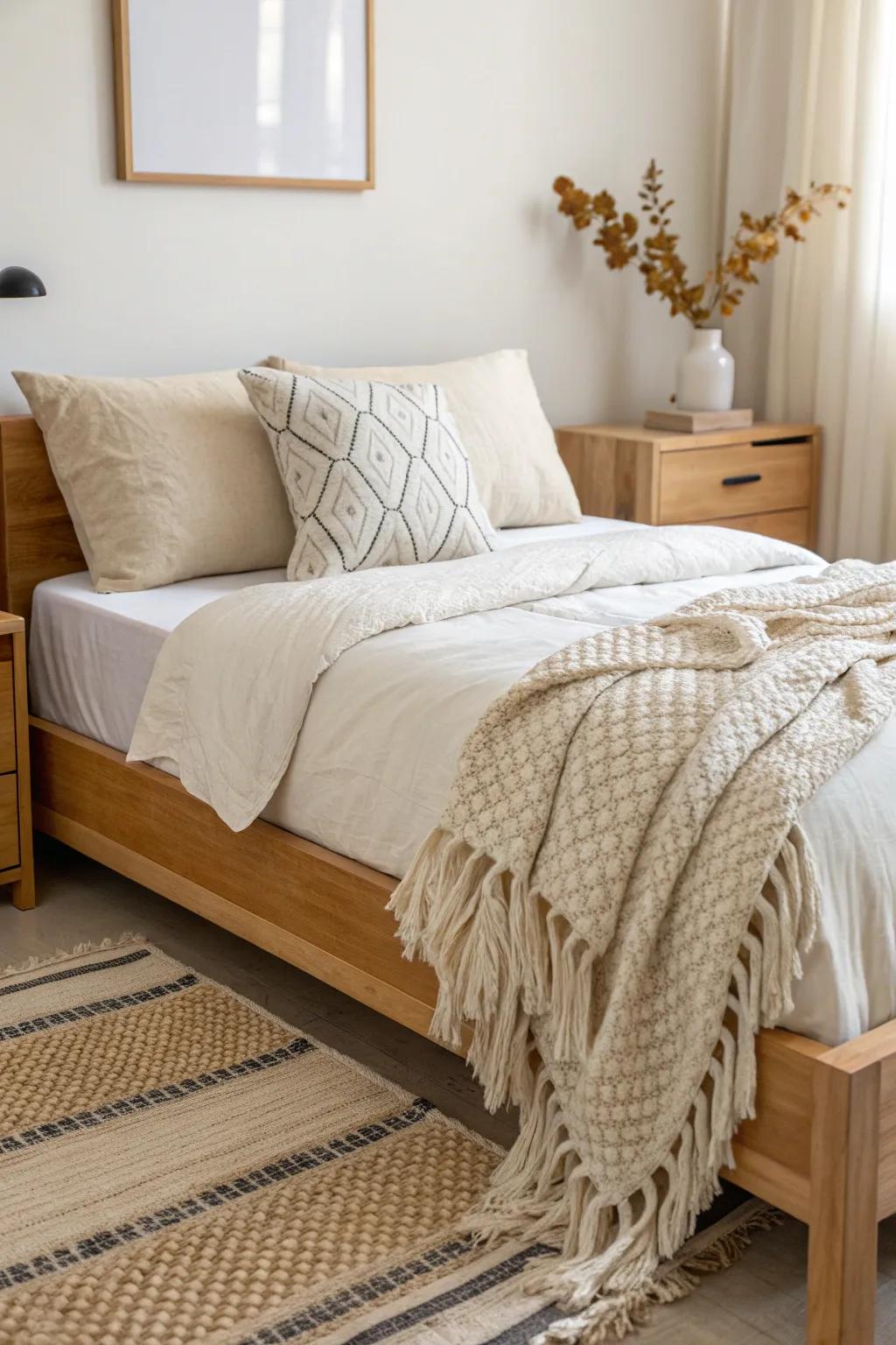 Layer neutrals with a chunky throw and two textured pillows for instant cozy, adult vibes.