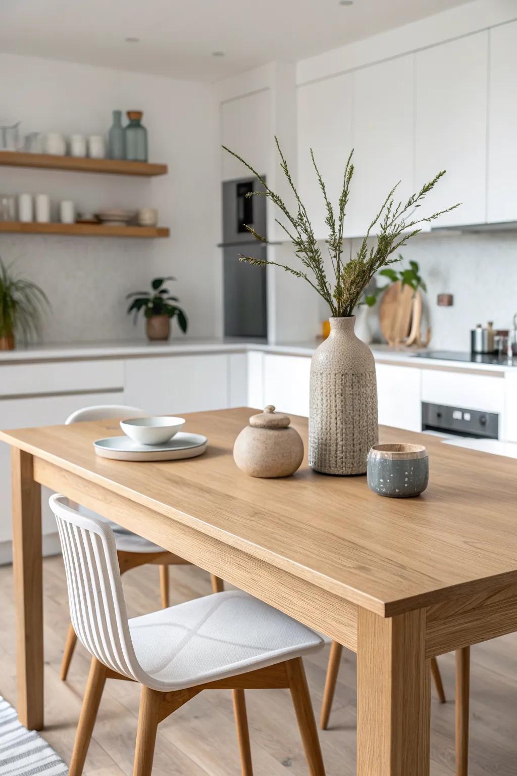 Float a slim oak dining table just beyond the island for effortless cook‑to‑linger flow.