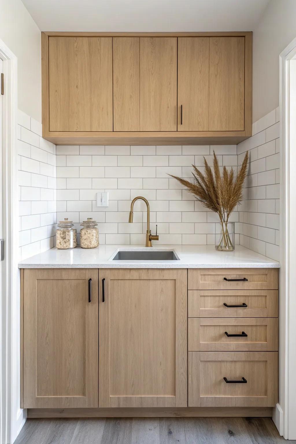 A tiny studio kitchen nook that feels like its own room—warm wood, white tile, and brass.