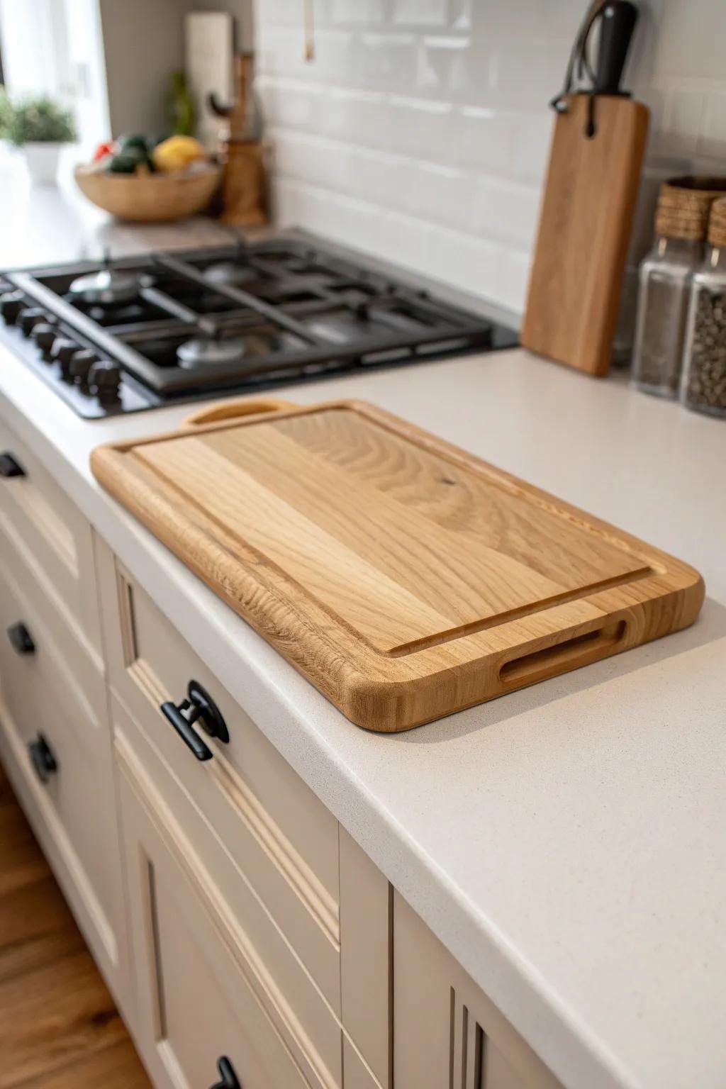 A pull-out oak prep board makes a narrow galley flow—prep here, cook right across.