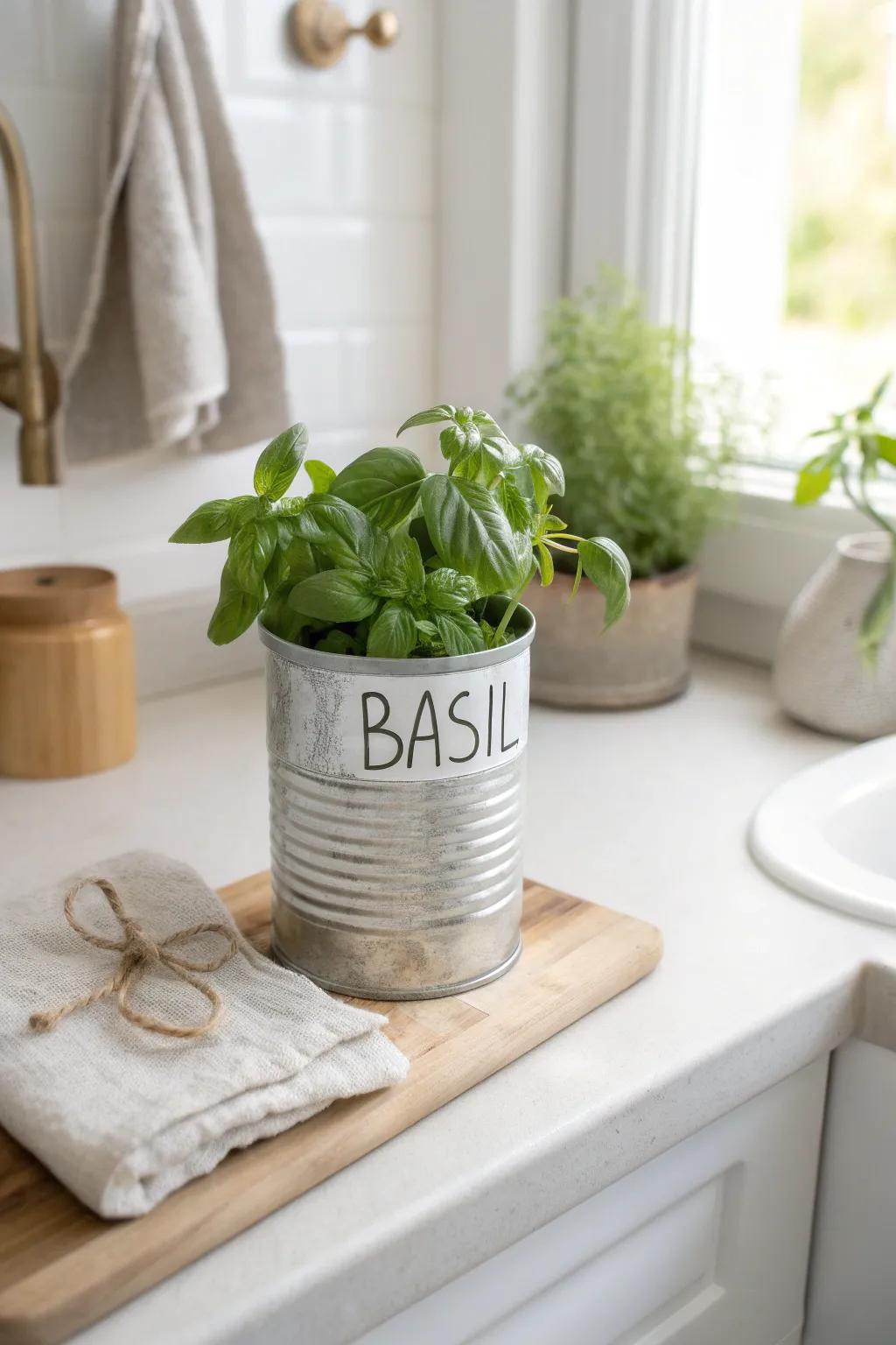 Minimal tin-can herb planter by the sink—small-space kitchen charm in seconds today.