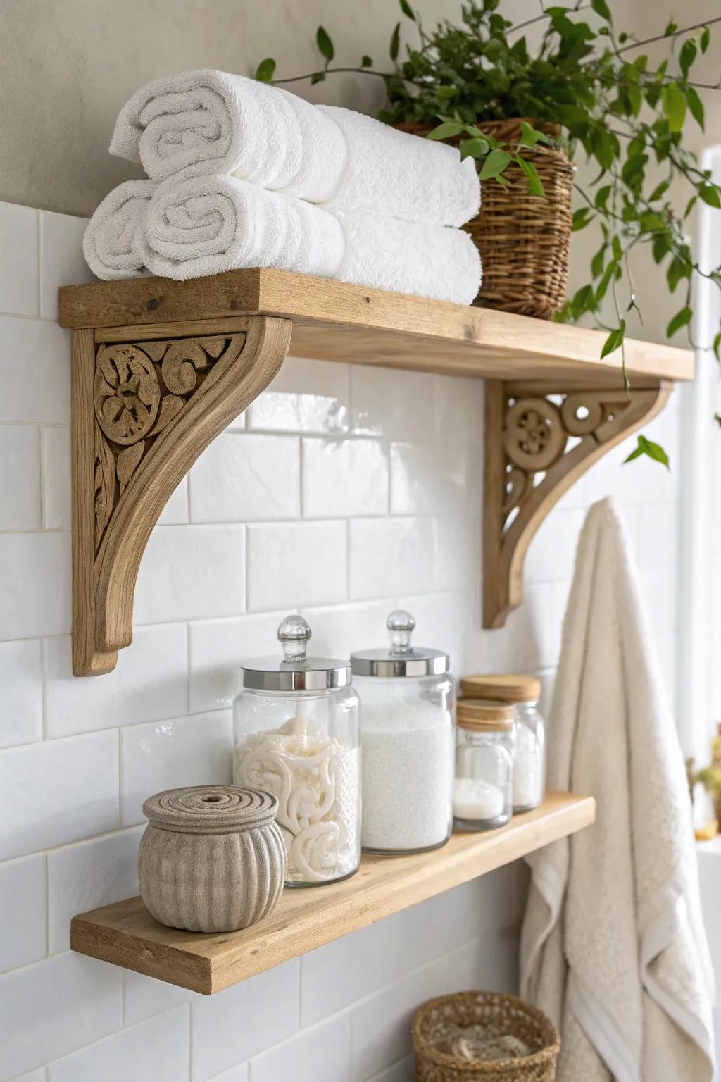A slim corbel shelf above hooks keeps towels and toiletries tidy in the tiniest bathroom.