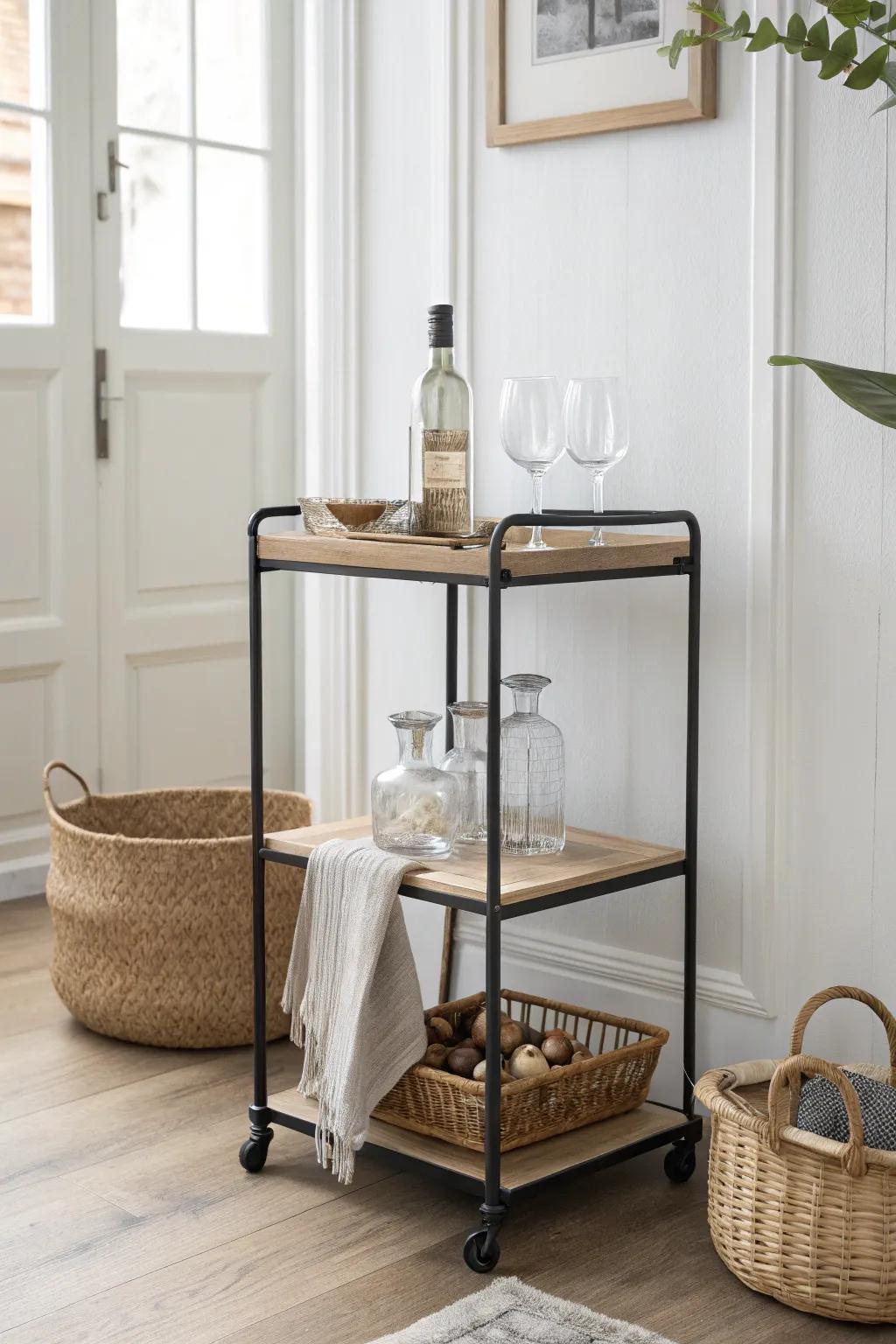A simple two-tier corner bar cart—pretty up top, practical storage tucked below.