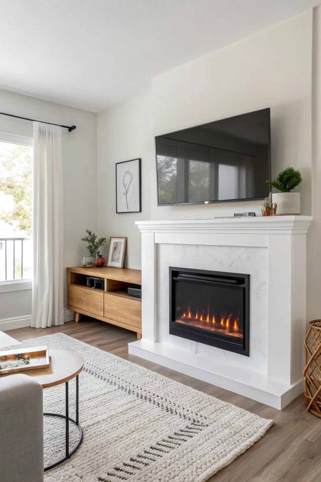 Space-saving corner electric fireplace with TV above—cords hidden, calm mantel tray.
