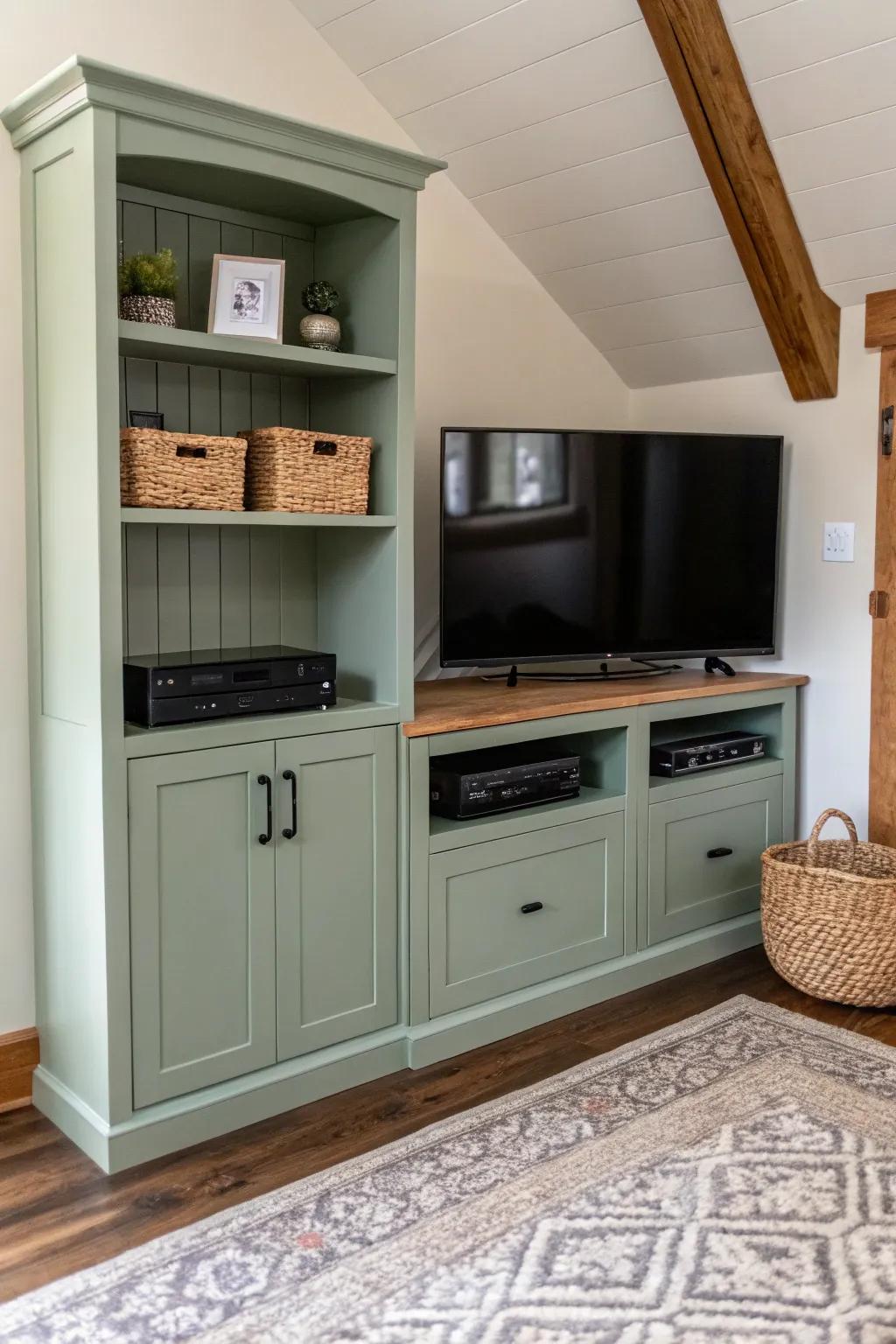 Rental-friendly built-in look: matching cabinets transform a corner into a chic media center.