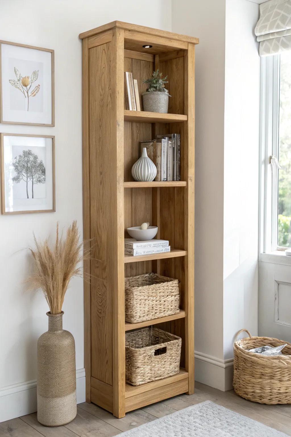 A tall corner bookcase that adds storage and style—without taking up precious floor space.